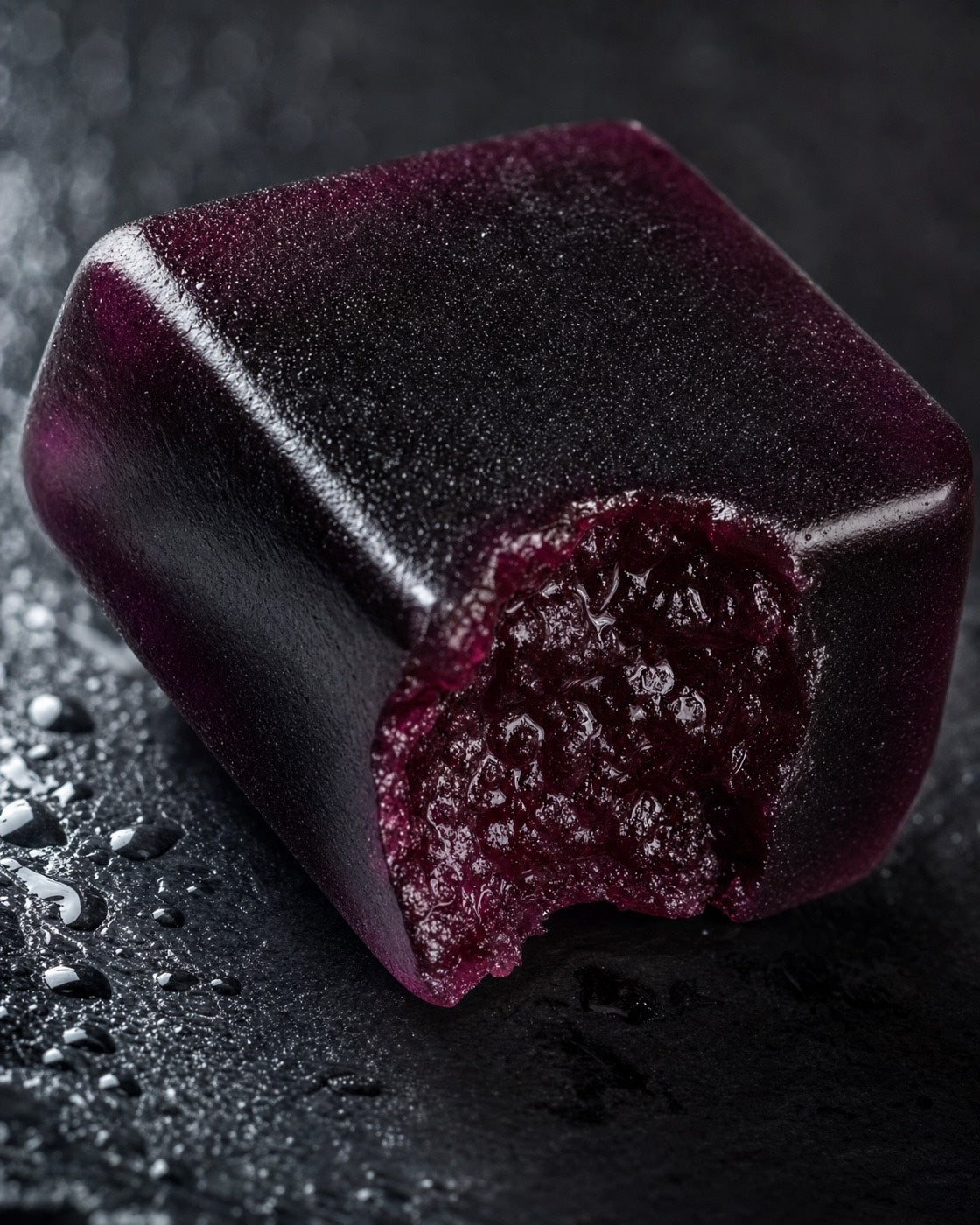 Close up of a TW-01 gummy with one corner bitten, showing the interior