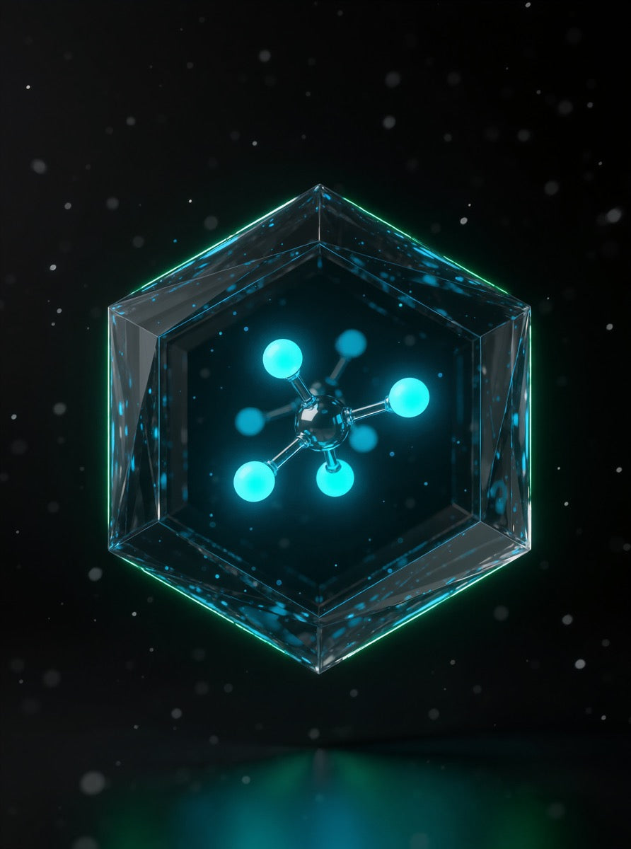 Conceptual illustration of a glutathione molecule held inside a hexagonal protective cage