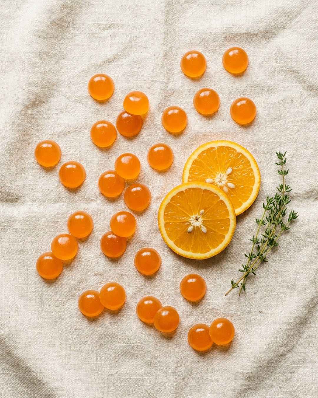 TW-02 citrus gummies laid out on linen with orange slices, top-down