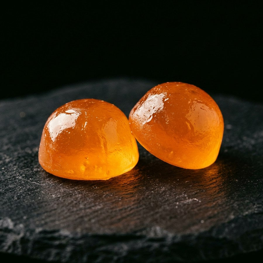 Two TW-02 citrus gummies on dark slate