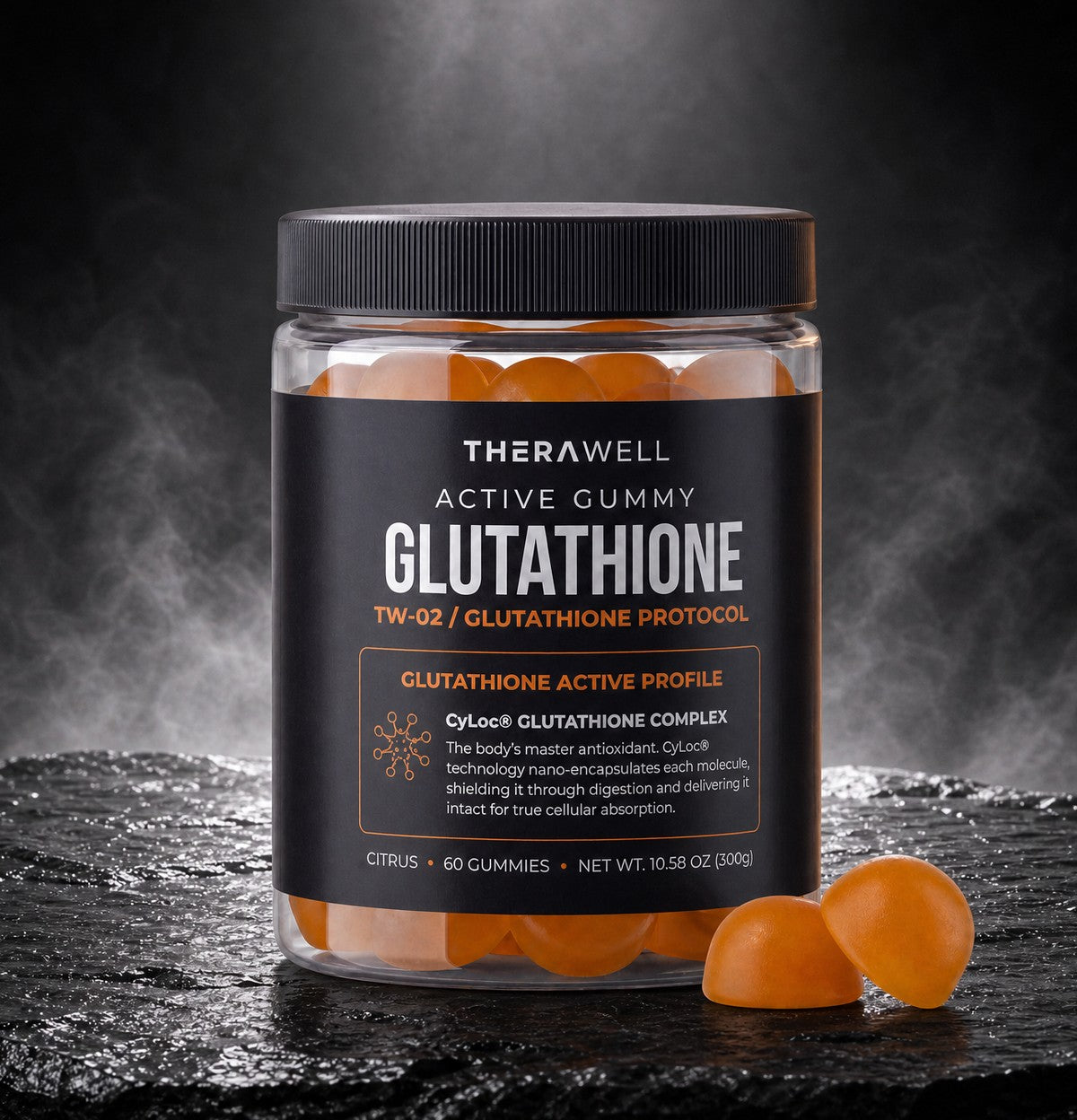 TW-02 glutathione gummy jar with two citrus gummies on dark slate