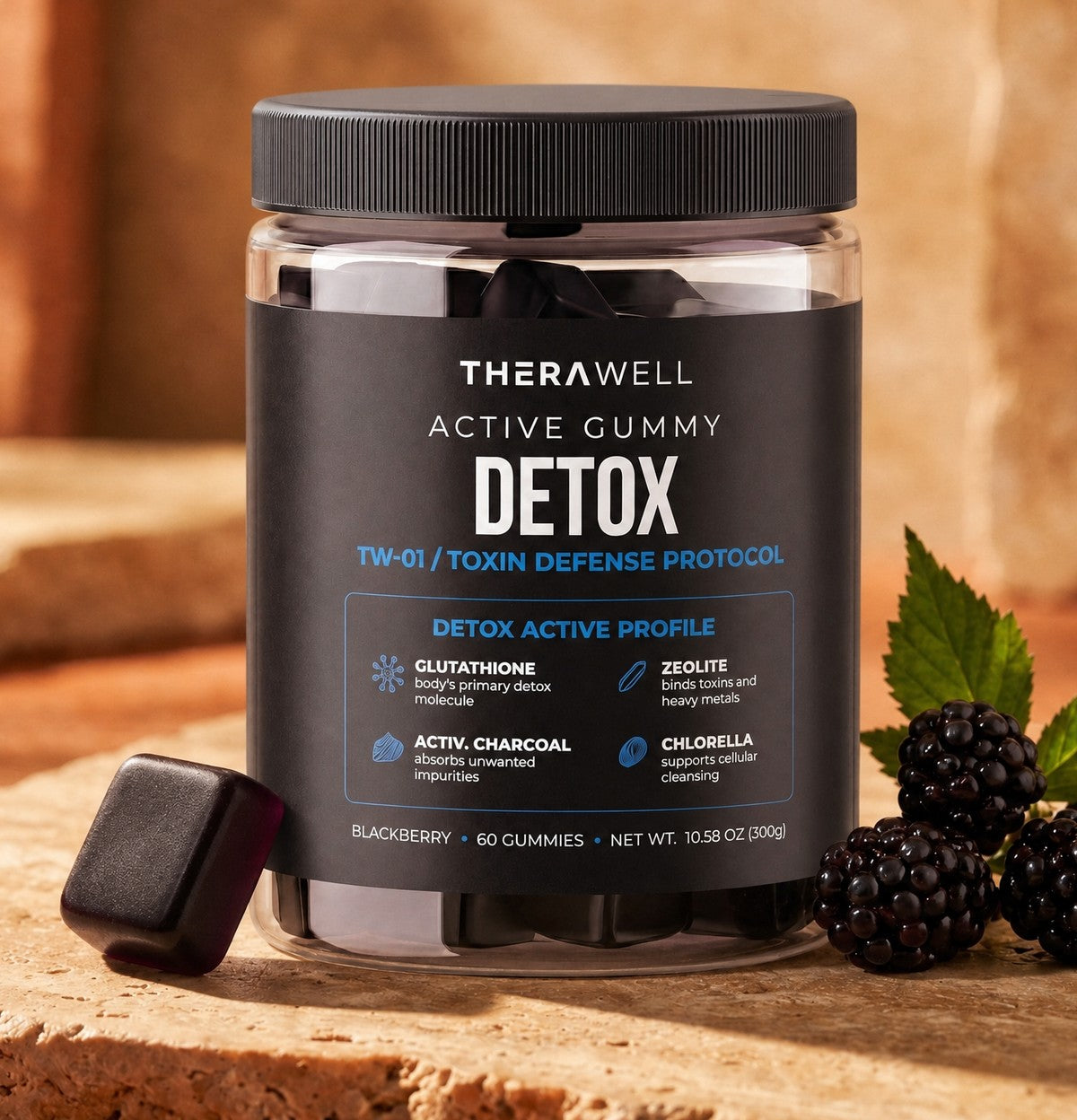Detox blackberry gummies on travertine with fresh blackberries